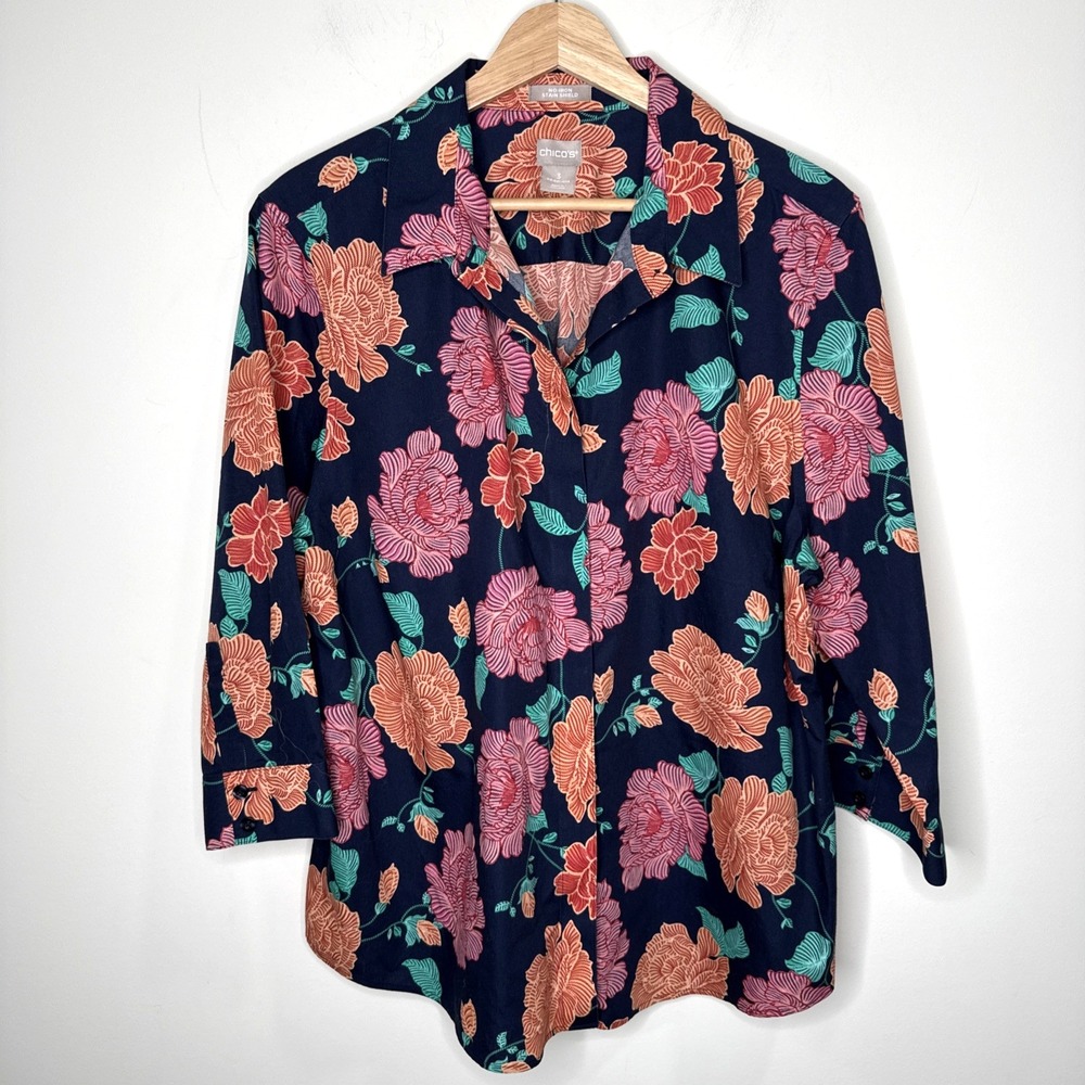 Chico's Floral Print Button Up Blouse 16/18 XL No Iron Stain Shield 3/4 Sleeve